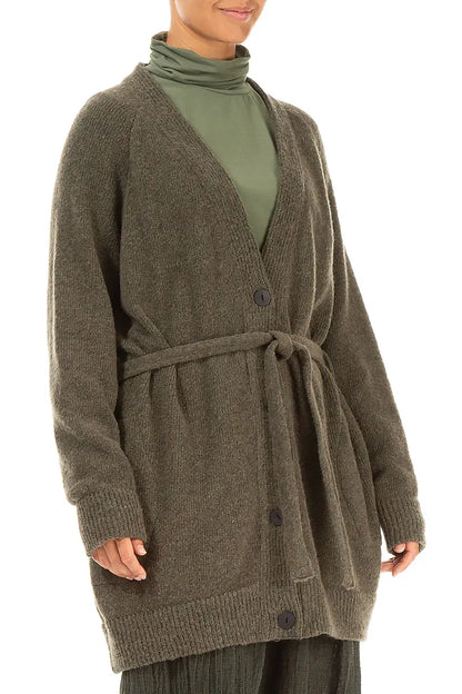 Buttoned V-Neck Khaki Wool Cardigan 3