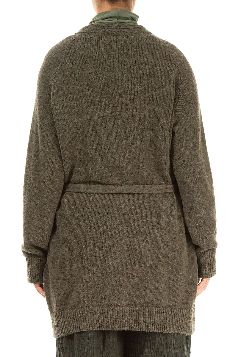 Buttoned V-Neck Khaki Wool Cardigan 2