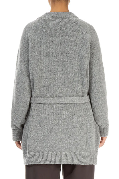 Buttoned V-Neck Light Grey Wool Cardigan 2