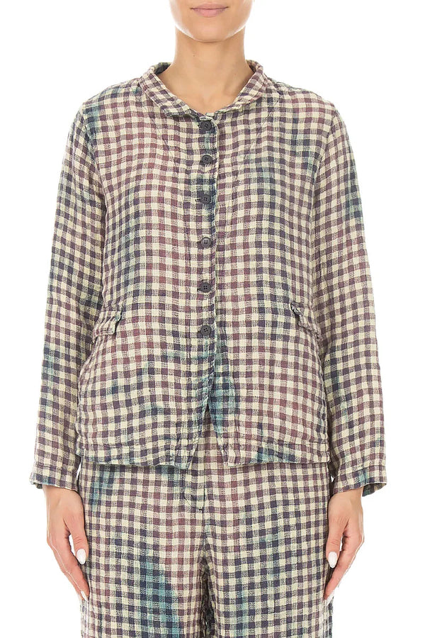 Buttoned Watercolour Check Linen Jacket 1