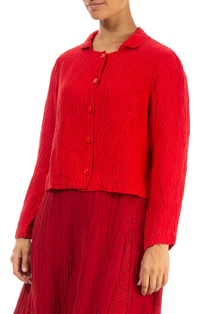 Buttoned Waves Bright Red Silk Jacket