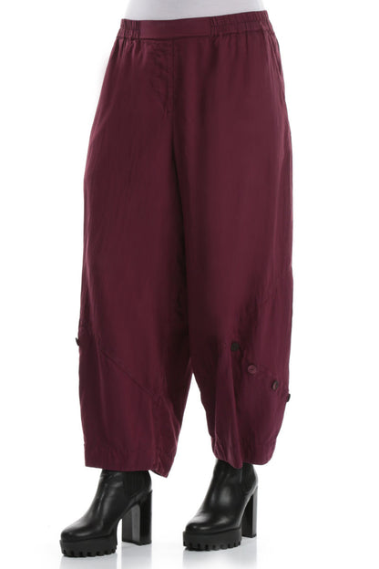 Buttons Decorated Burgundy Silk Trousers