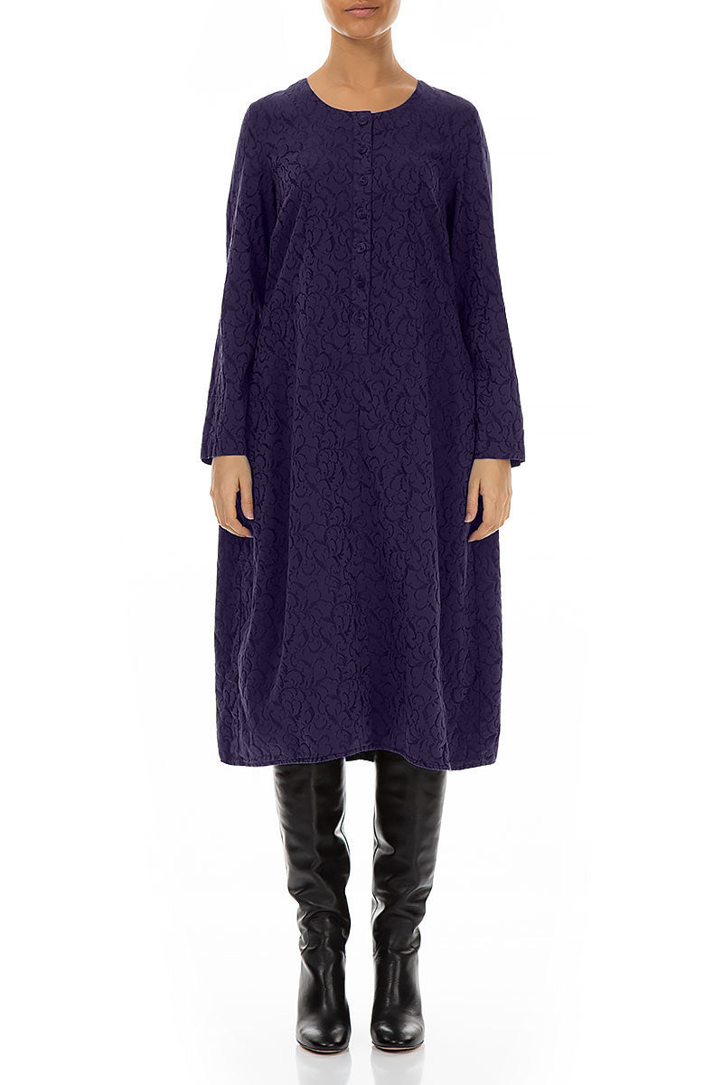 Buttons Front Ornamented Royal Purple Silk Cotton Dress 1