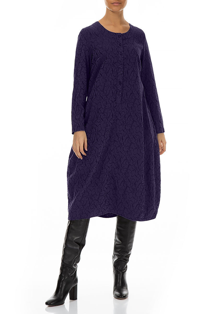 Buttons Front Ornamented Royal Purple Silk Cotton Dress 3