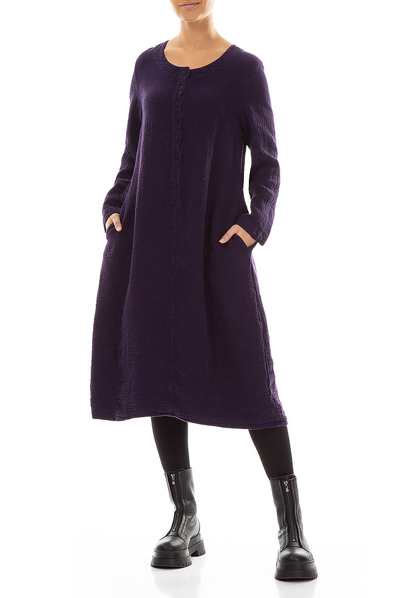 Buttons Front Purple Heavy Linen Dress