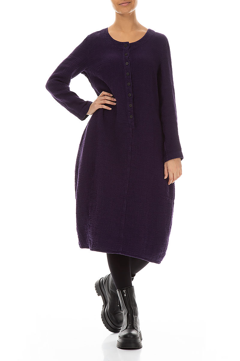 Buttons Front Purple Heavy Linen Dress
