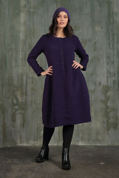 Buttons Front Purple Heavy Linen Dress