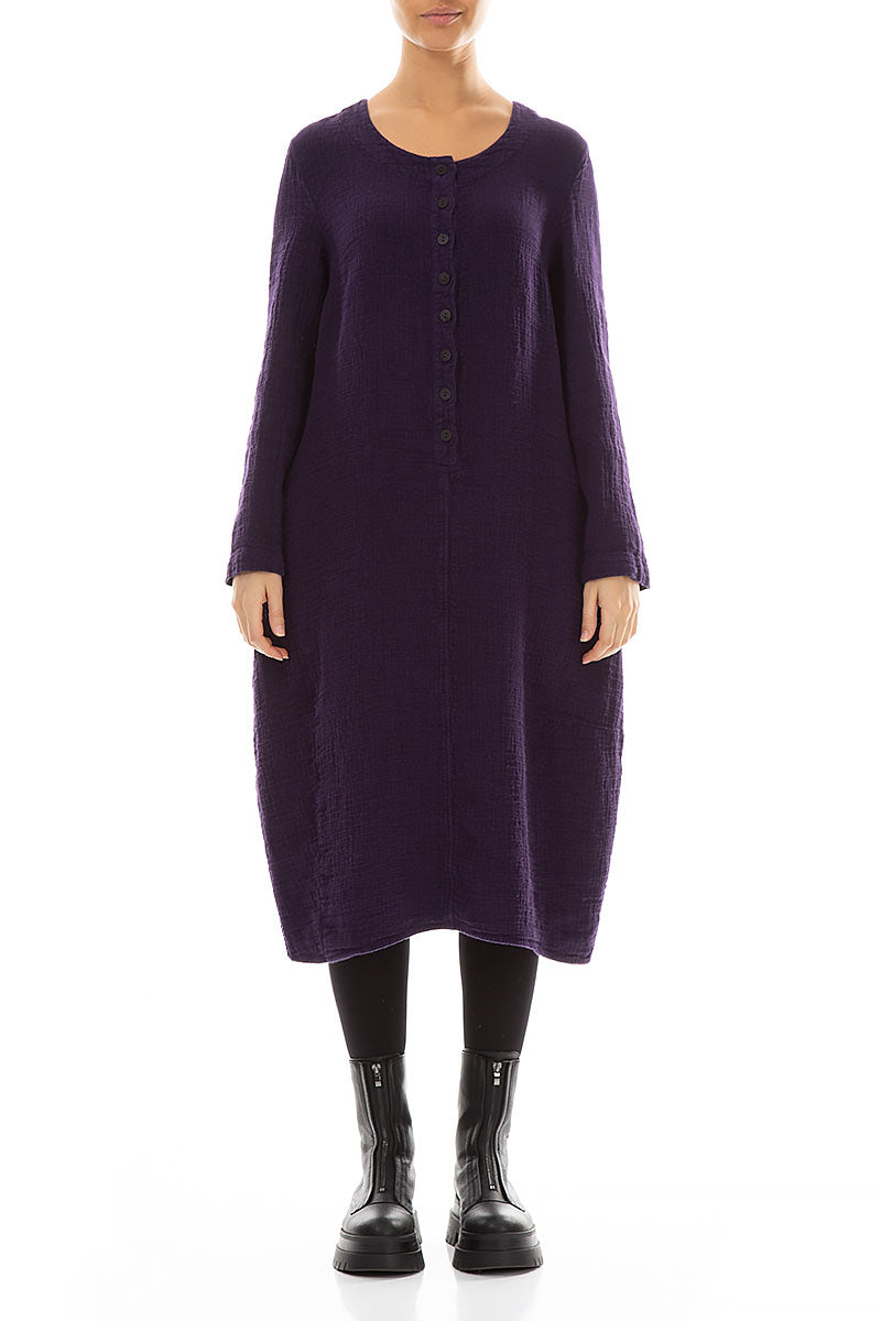 Buttons Front Purple Heavy Linen Dress