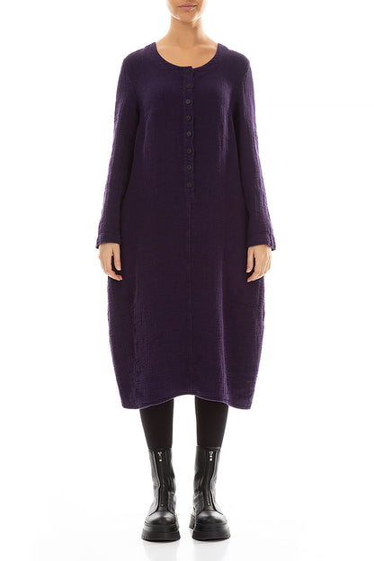 Buttons Front Purple Heavy Linen Dress