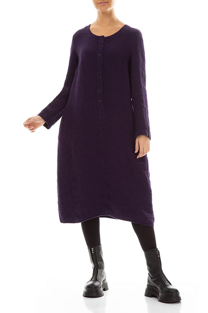 Buttons Front Purple Heavy Linen Dress