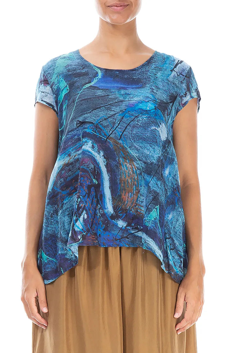 Cap Sleeves Blue Reverie Silk Cotton Blouse 1