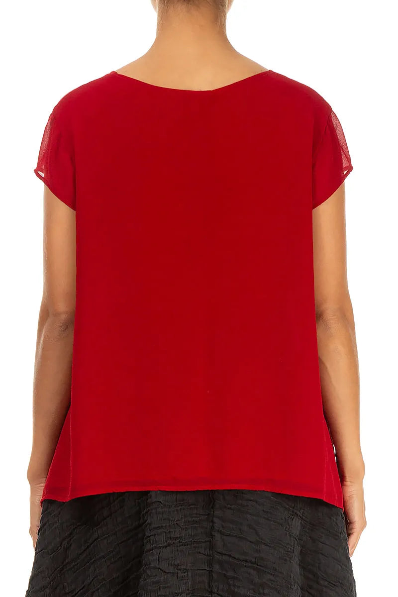 Cap Sleeves Cherry Red Silk Blouse