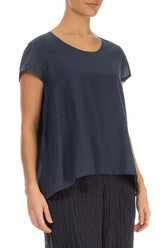 Cap Sleeves Graphite Blue Silk Cotton Blouse 3