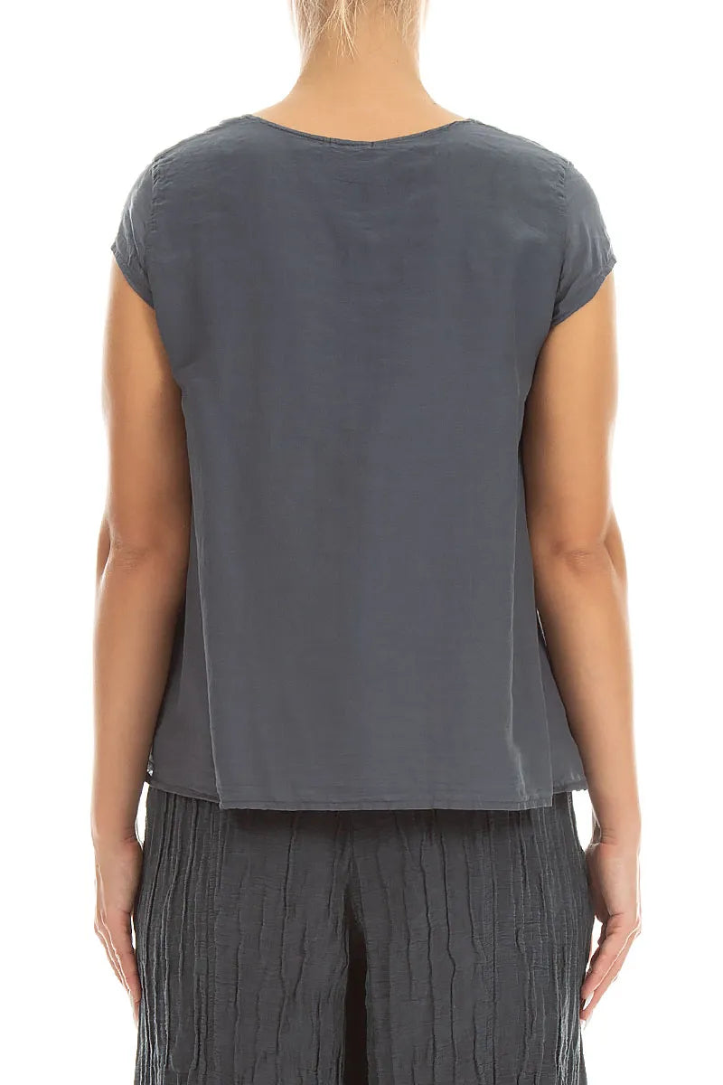 Bluse aus graphitfarbenem Seidenbaumwollstoff mit kurzen Ärmeln
