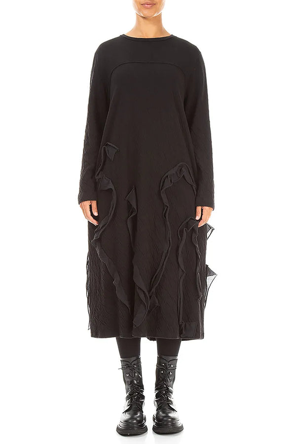 Cascading Waves Black Wavy Cotton Dress