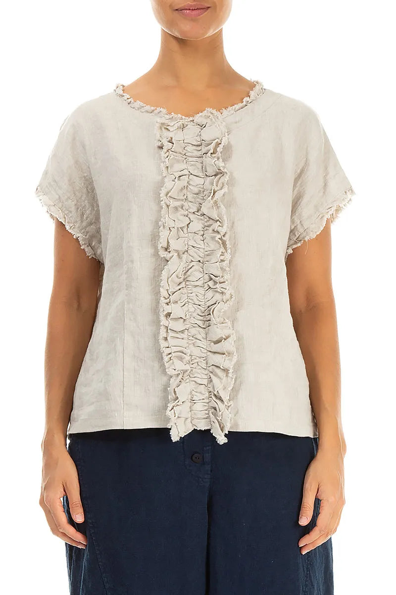 Front Ruffle Natural Linen Blouse 1