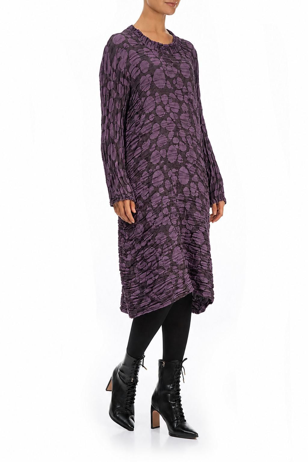 Gathered Neck Deep Plum Circle Silk Linen Dress 3