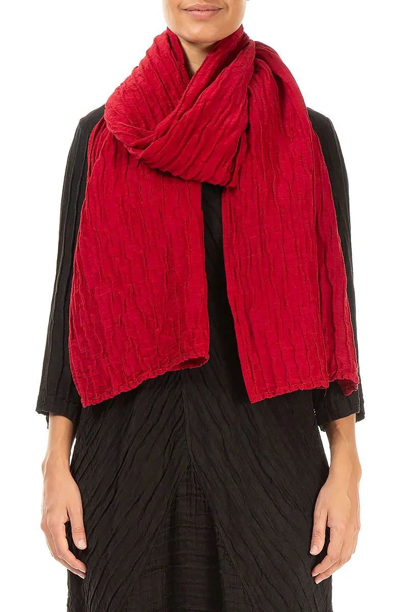 Cherry Red Crinkled Silk Linen Scarf 1