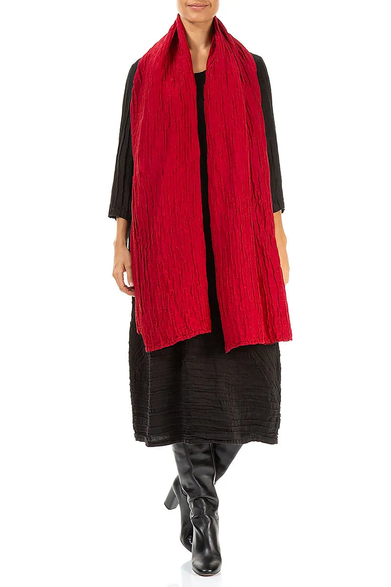 Cherry Red Crinkled Silk Linen Scarf 2