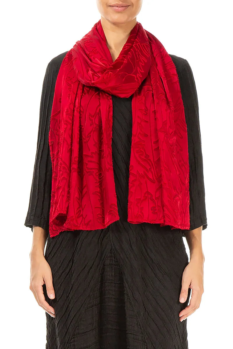 Cherry Red Devoré Feather Silk Scarf 1