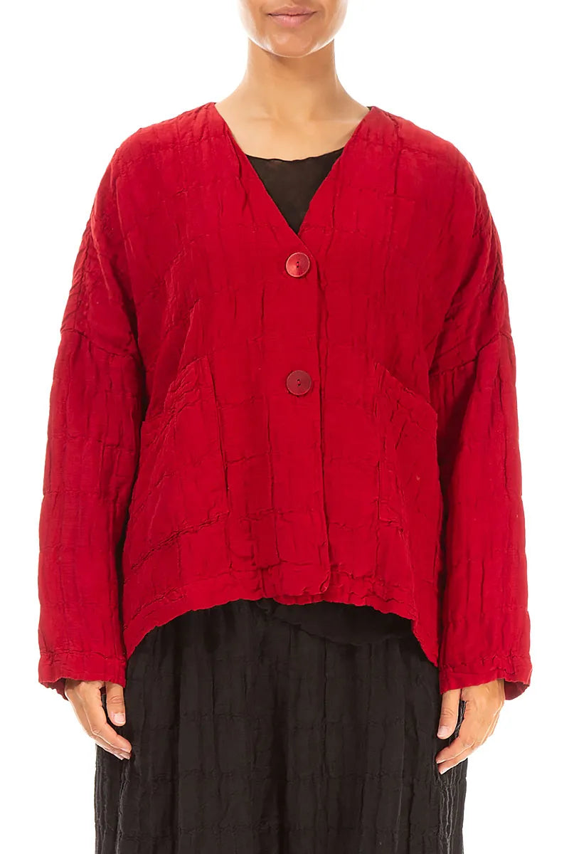Cherry Red Pleated Silk Linen Jacket 1