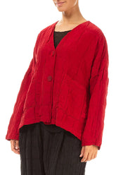 Cherry Red Pleated Silk Linen Jacket 3