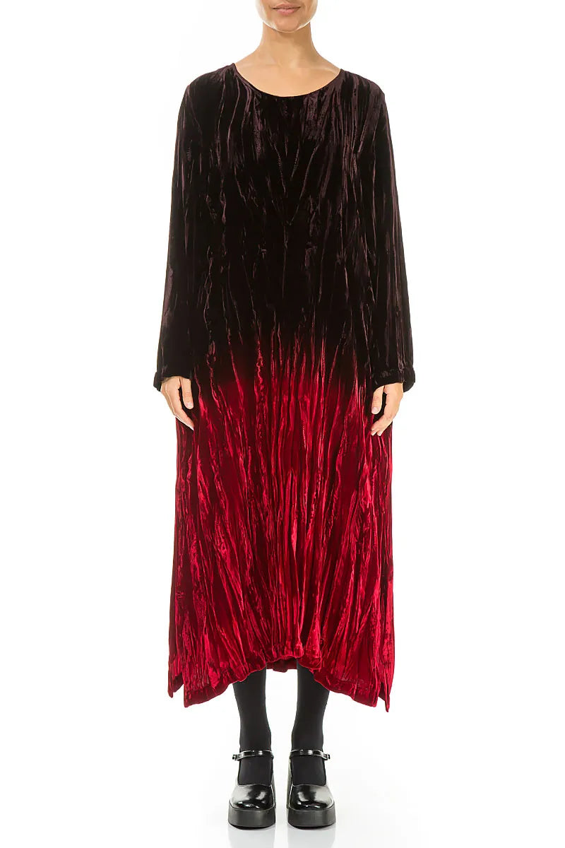 Cherry Red Silk Velvet Ombré Shift Dress 2