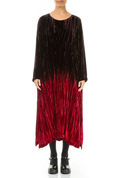 Cherry Red Silk Velvet Ombré Shift Dress 2