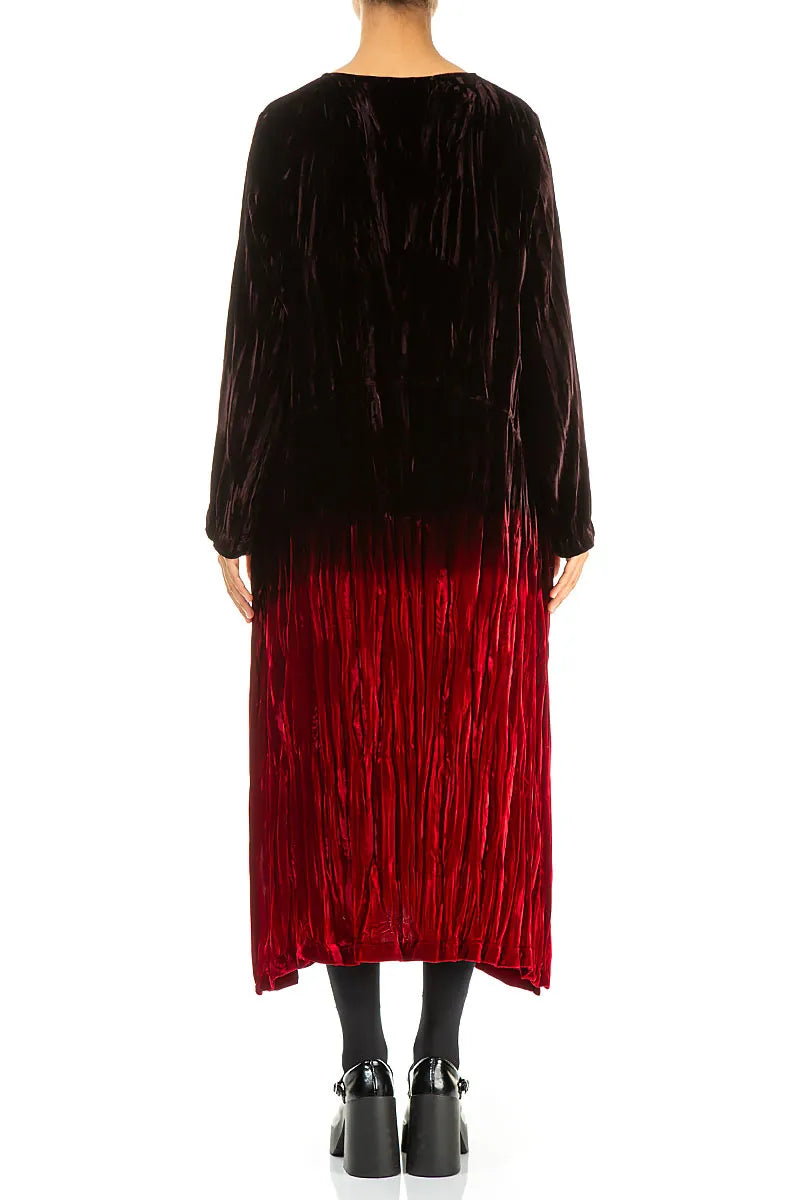 Cherry Red Silk Velvet Ombré Shift Dress 3