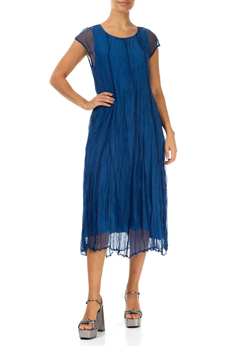 Cobalt Blue Crumpled Silk Chiffon Dress 5