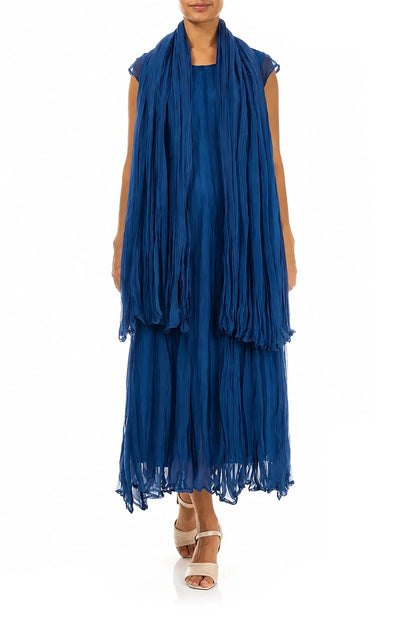 Cobalt Blue Crumpled Silk Chiffon Scarf