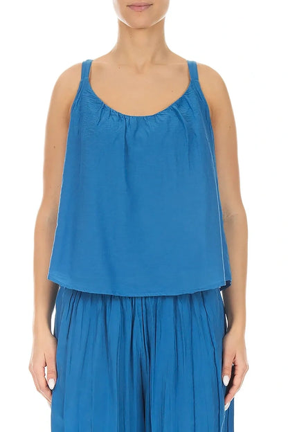 Haut caraco en soie et coton bleu cobalt