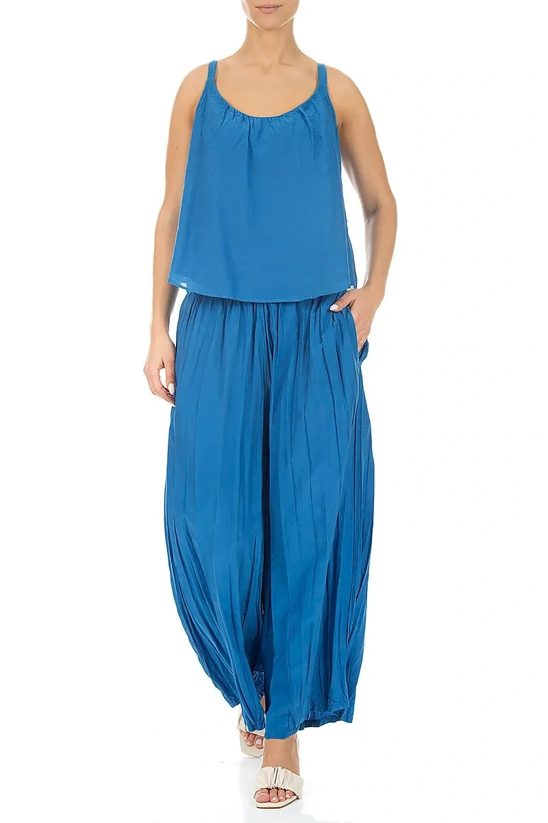 Haut caraco en soie et coton bleu cobalt
