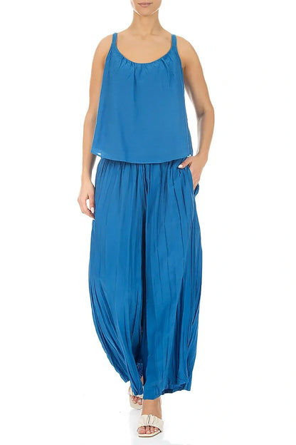 Haut caraco en soie et coton bleu cobalt