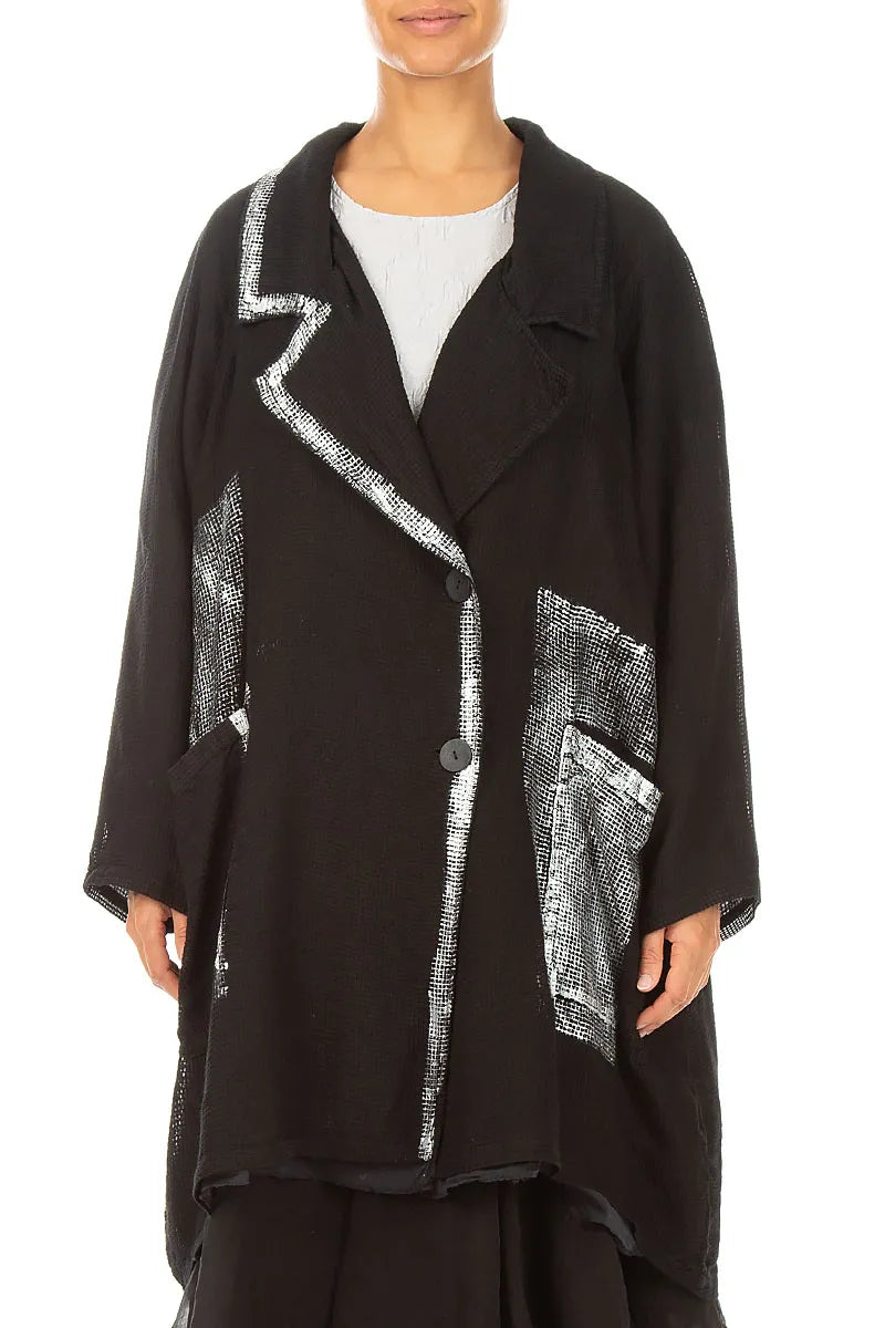 Collar Black Silver Metallic Mesh Silk Jacket 1