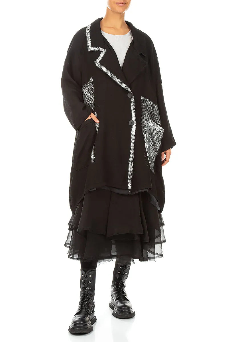 Collar Black Silver Metallic Mesh Silk Jacket