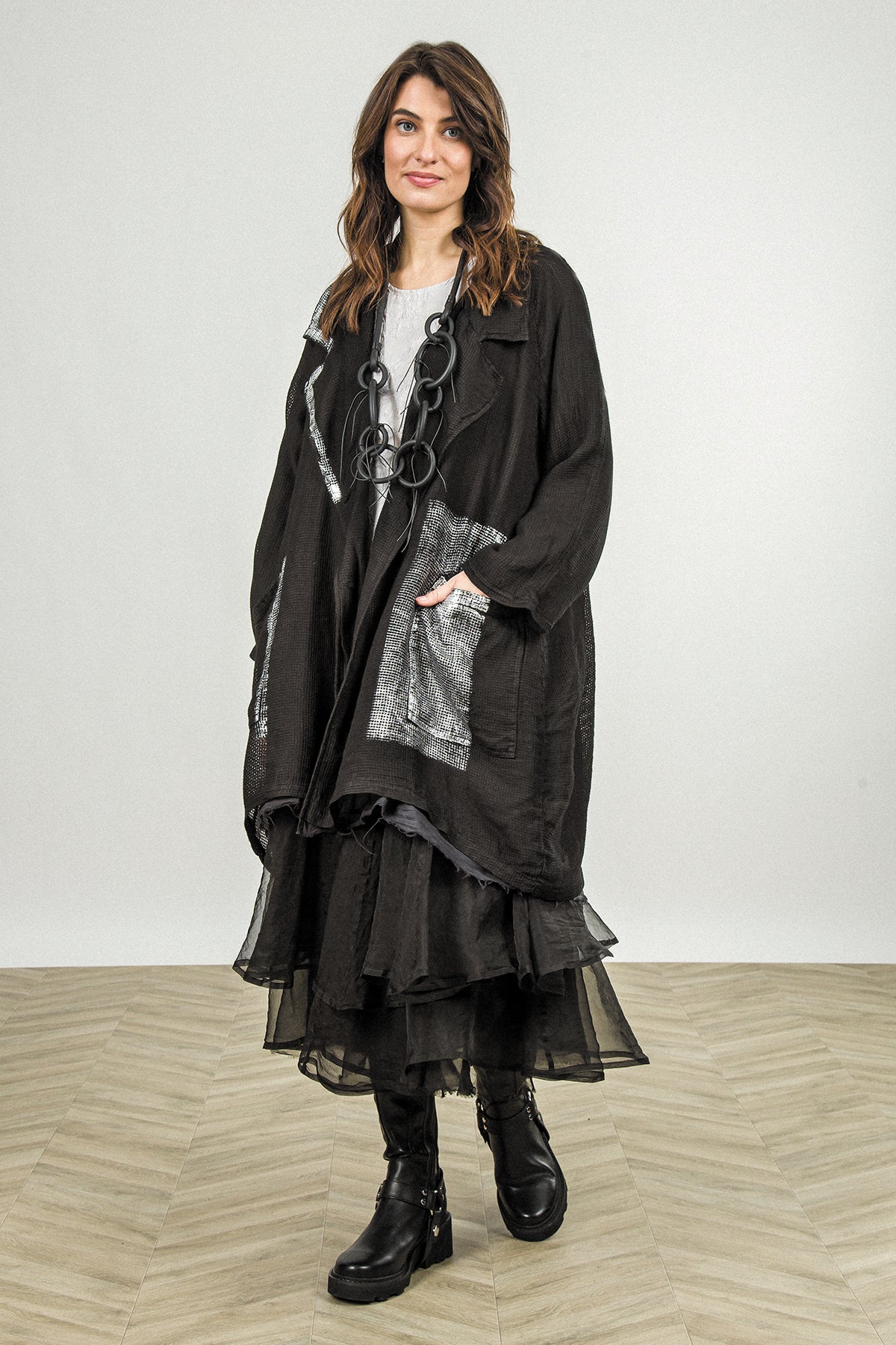 Collar Black Silver Metallic Mesh Silk Jacket 7