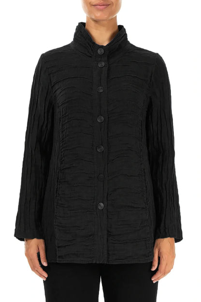 Collar Crinkled Black Silk Linen Jacket 1