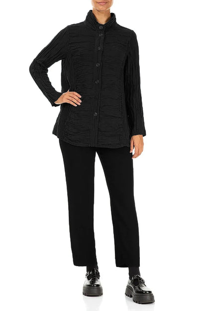 Collar Crinkled Black Silk Linen Jacket 4