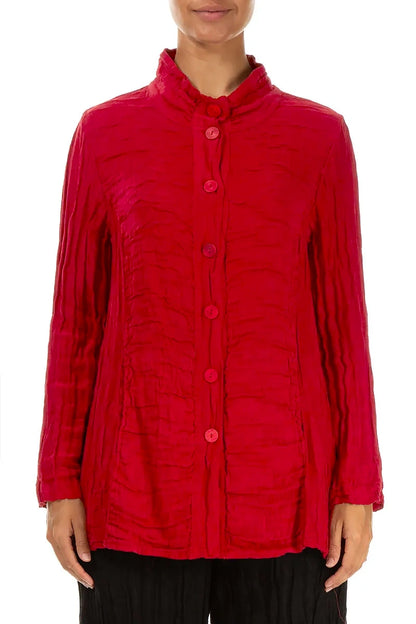 Collar Crinkled Cherry Red Silk Linen Jacket 1