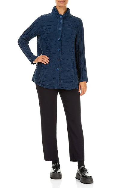 Collar Crinkled Royal Blue Silk Linen Jacket 4