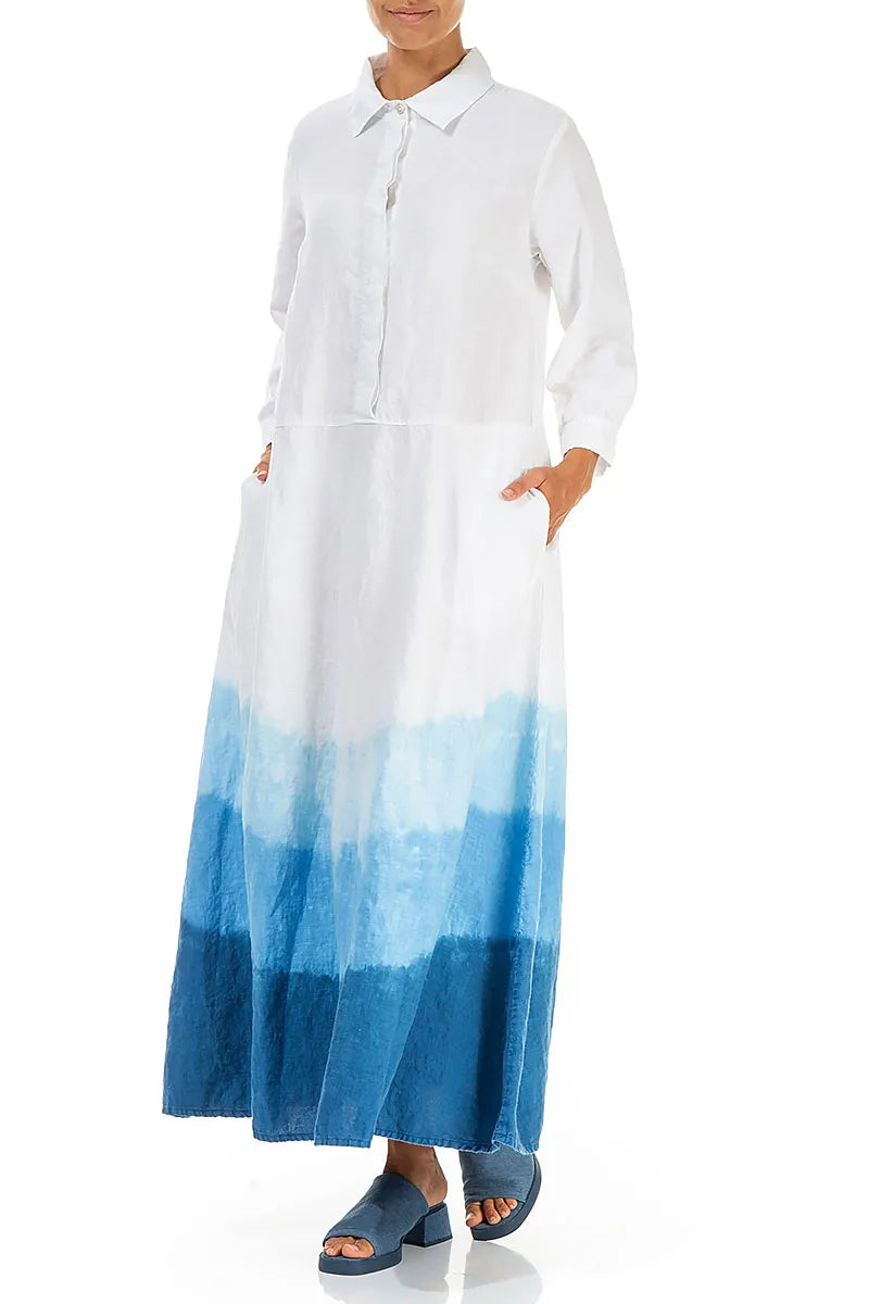 Collar Neck Azure Tide Ombré Linen Dress 3