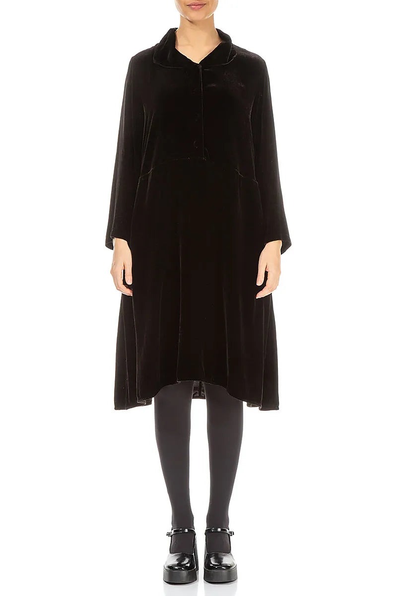 Collar Neck Black Silk Velvet Dress 2