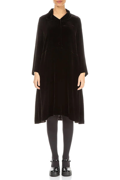 Collar Neck Black Silk Velvet Dress 2