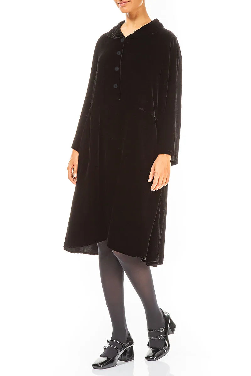 Collar Neck Black Silk Velvet Dress