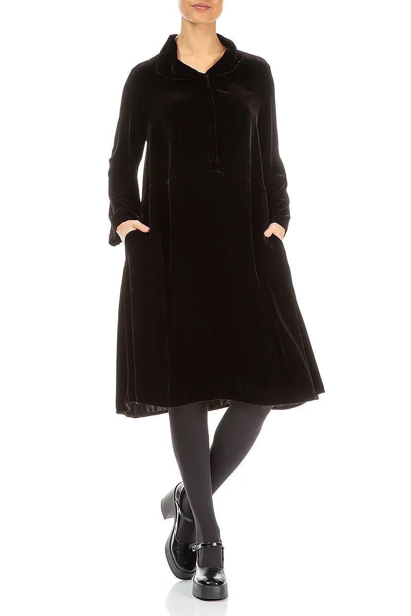 Collar Neck Black Silk Velvet Dress 4