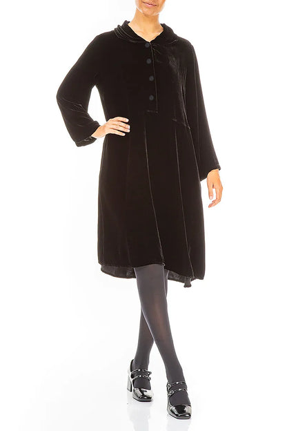 Collar Neck Black Silk Velvet Dress