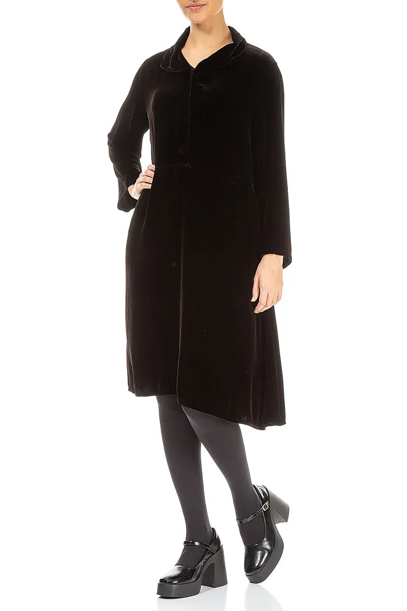 Collar Neck Black Silk Velvet Dress 5