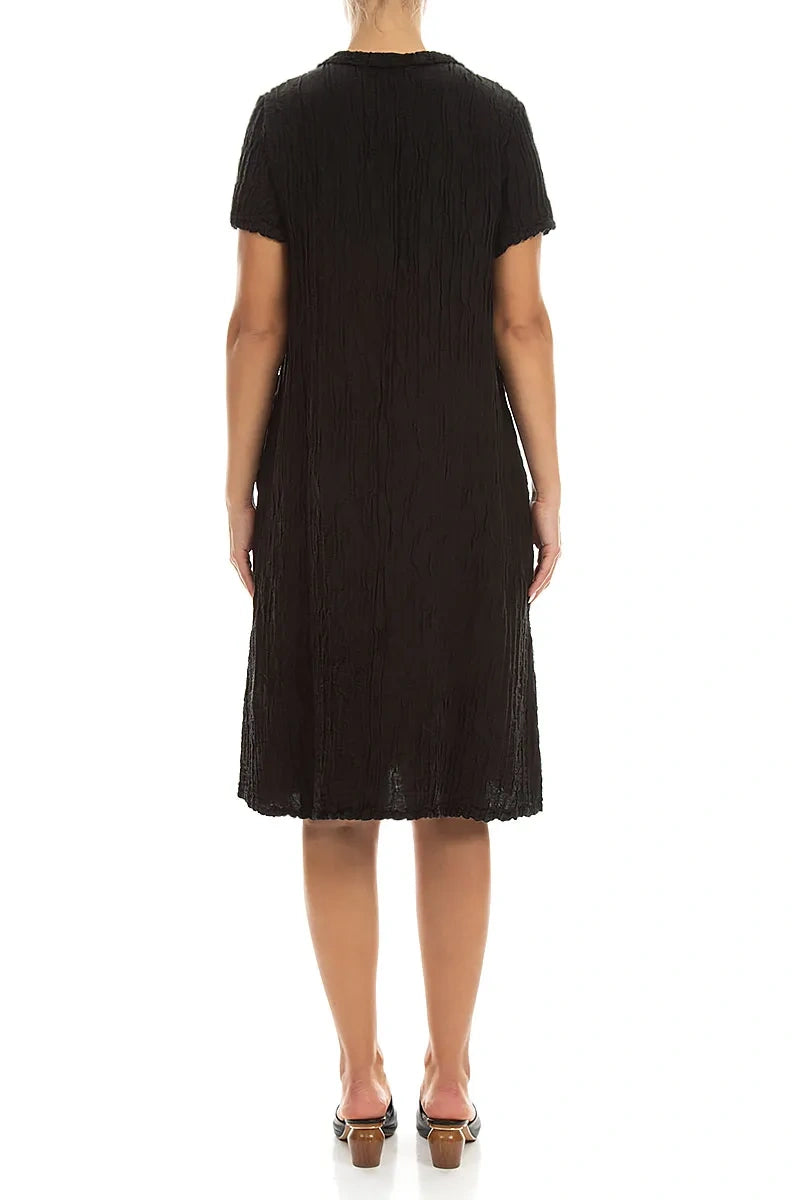Collar Neck Crinkled Black Silk Linen Dress 2