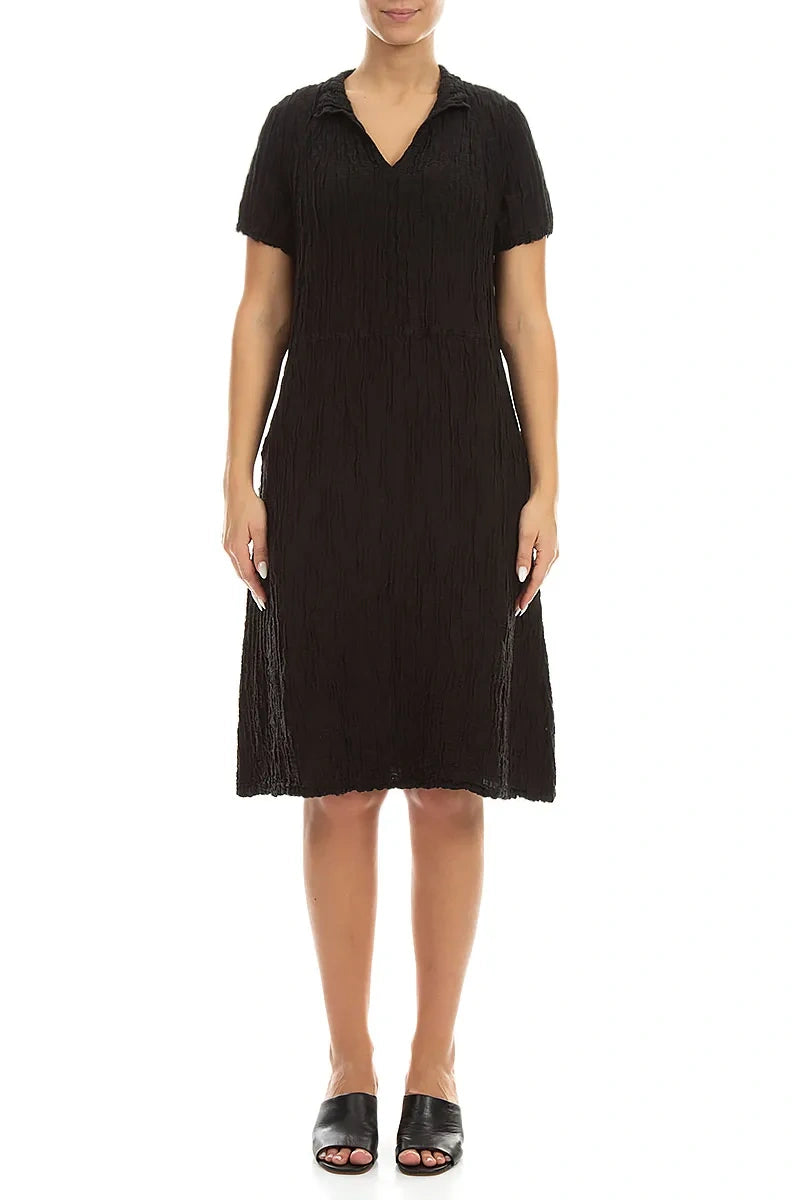 Collar Neck Crinkled Black Silk Linen Dress 1